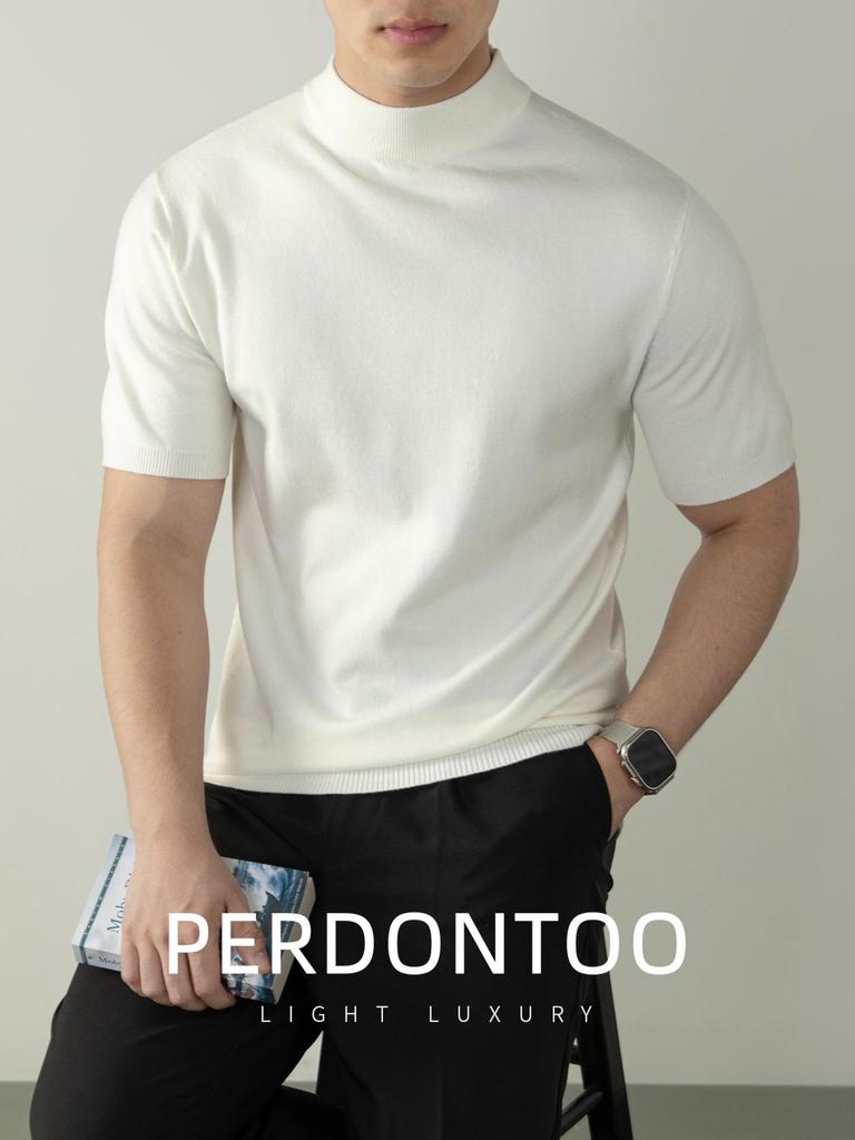 Итальянская легкая роскошь Мужская шерстяная короткорукавная вязаная футболка с высоким воротником для поездок на работу и повседневной носки Осень/Зима