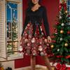 Women's Fashion Round Casual Slim Fit Christmas Print Large Swing Long Sleeve Dress