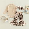 Baby Girls Pants Set, Long Sleeve Romper + Leopard Print Bowknot Flare Pants + Headband