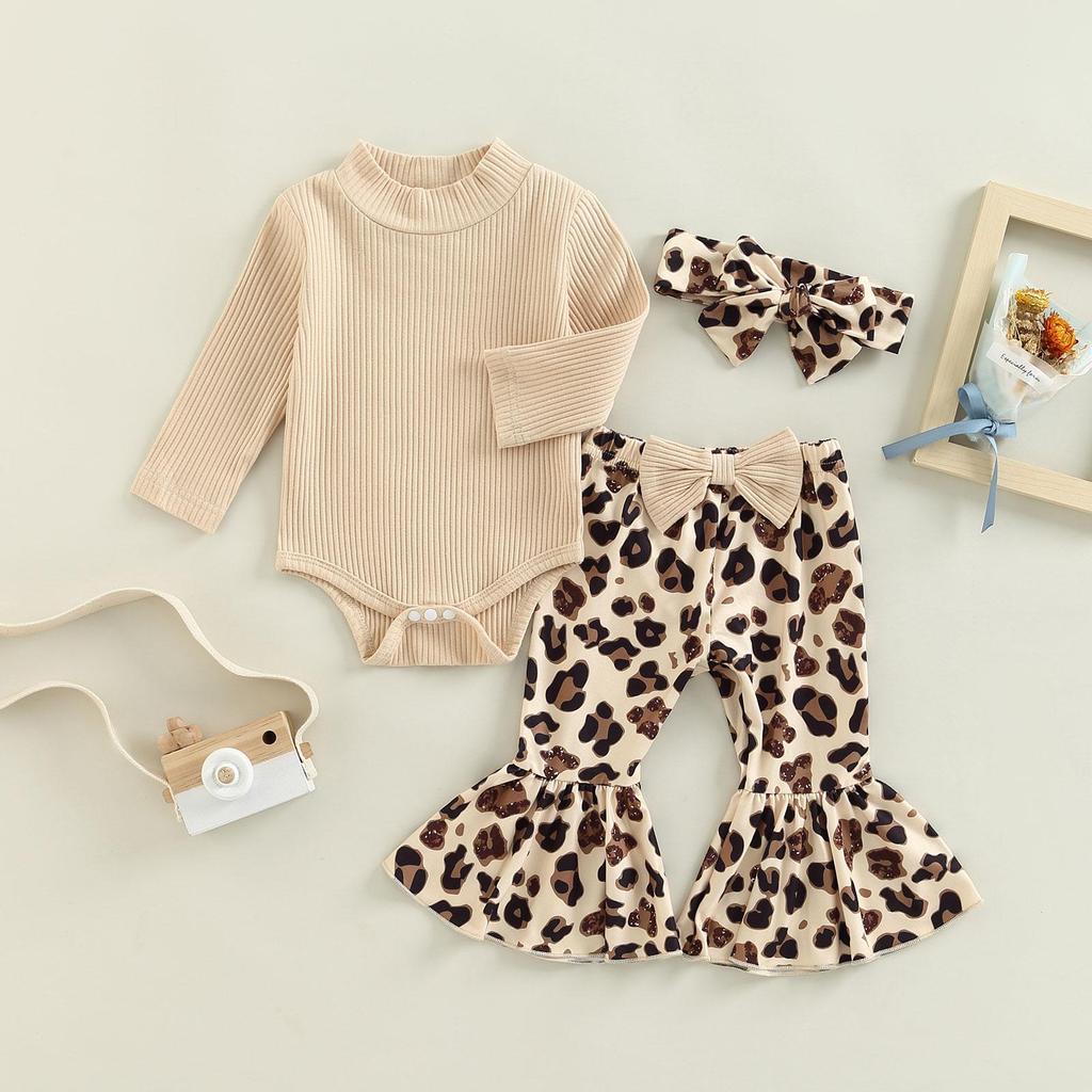 Baby Girls Pants Set, Long Sleeve Romper + Leopard Print Bowknot Flare Pants + Headband