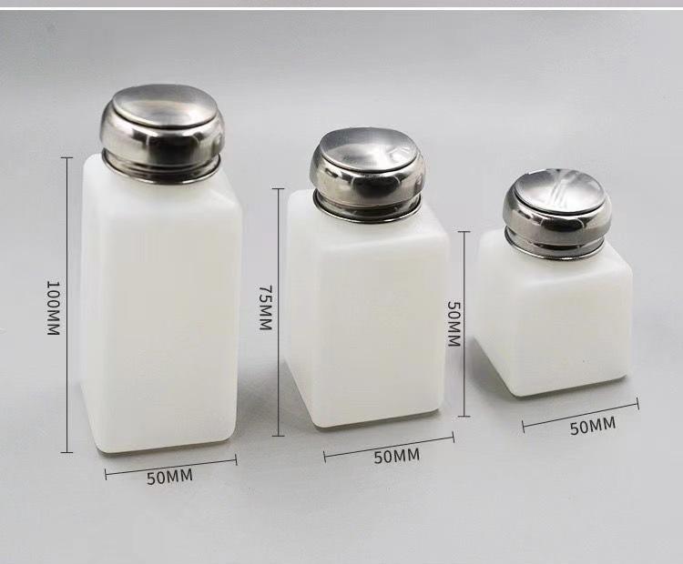 Press-Type Plastic Bottle with Stainless Steel Cap for Alcohol, Solvent, or Nail Art – Square, Empty Dispenser for PCB Cleaning.