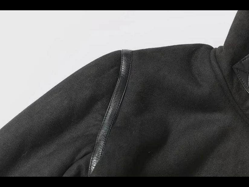 Женское черное замшевое мотоциклетное пальто кофейного цвета с большими лацканами и меховой подкладкой