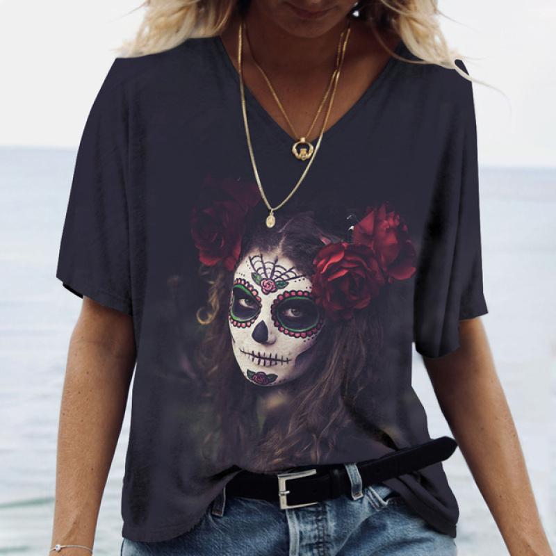 Модные женские блузки, футболка 2023, женская футболка с 3d принтом клоуна, цветной череп, футболка с v-образным вырезом, женская одежда, летние топы большого размера, футболки