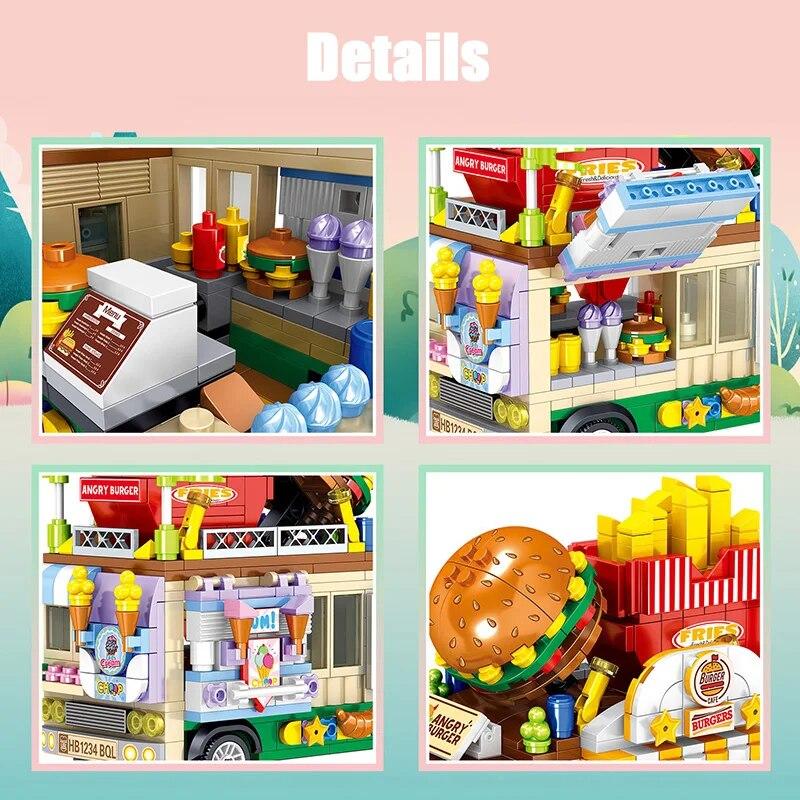 City Street View Series Food Truck Model Micro Building Blocks Ice Cream Hamburger Car Vehicle Mini Bricks Toy Gifts for Girl
