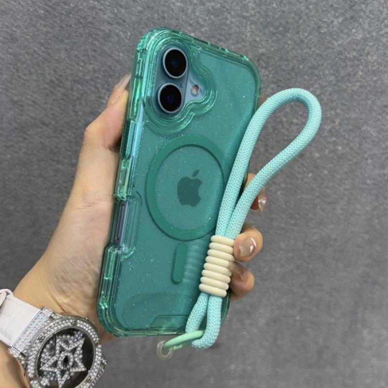 Блестящий Прозрачный Магнитный Чехол Для Magsafe Для iPhone 17 15 14 Plus 13 16 Pro Max Ремешок На Запястье Шнурок Ударопрочный Бронированный Чехол
