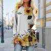 Plus Size Women Autumn Green Daisy Printed Comfy Long Sleeve Round Collar T-shirt Casual Baggy Mid Length Tee Tops