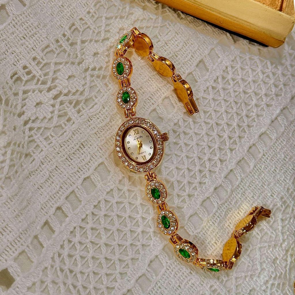 LSVTR Женские винтажные модные овальные часы класса люкс с радужным светом и красным и зеленым драгоценным камнем