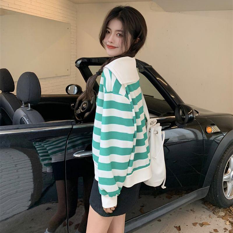 Повседневная полосатая толстовка с темно-синим воротником, женская осенняя корейская версия, дизайнерская свободная пуловерная рубашка большого размера с длинным рукавом, оригинальные женские топы