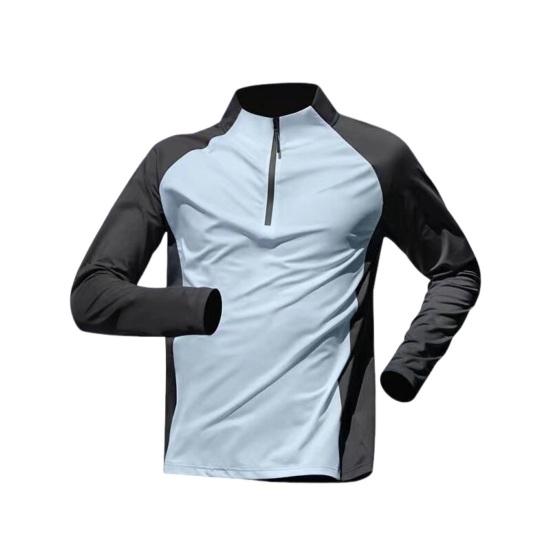 Men Summer Sports T-shirt Half Zipper Stand Collar Contrast Color Long Sleeves Loose Casual Soft Breathable Mid Length Men Daily Running Fitness Shirt