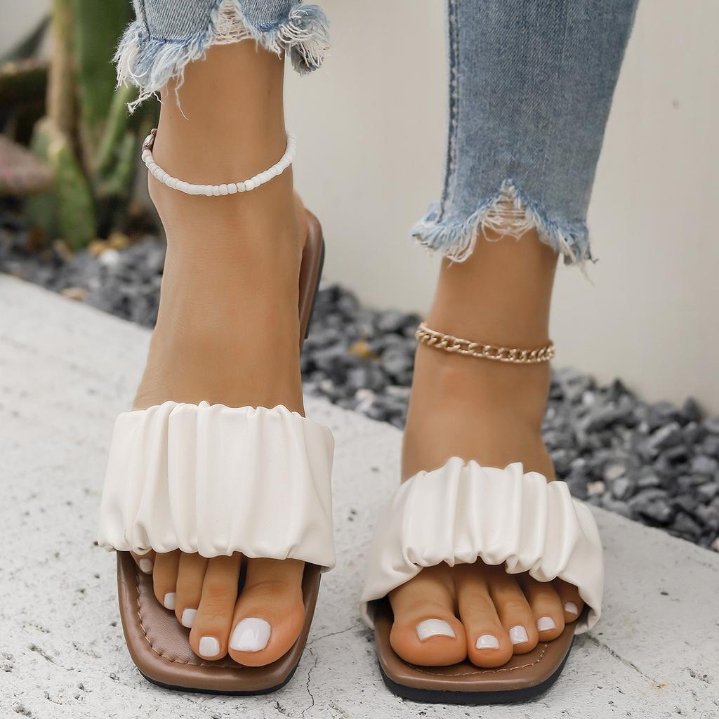 Summer Slippers for Women Pleated Flip Flops Flats  New Korean Slippers Women Sandals Green Slip on Shoes Big Size 36-42