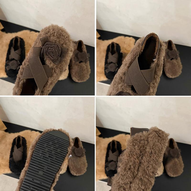 Fur Flower Women Flats Loafers Shoes Warm Cotton Fluffy Slippers 2025 Trend Winter Warm Snow Boots Sneakers Ballet Dance Shoes