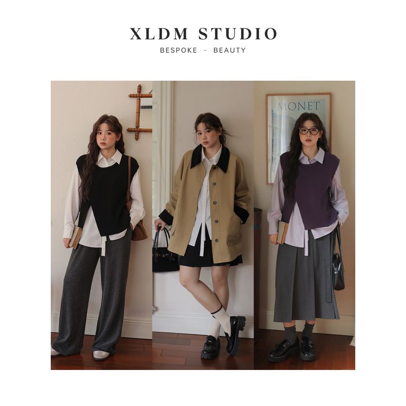 Asymmetric Ribbon Shoulder Straight-leg Autumn Work Clothing Shirt