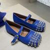Luxury Designer Leather PU Metal Rivets Decorated Mary Jane Shoes Women 2025 Square Head Ballet Flats Elegant Dress Lady Shoes