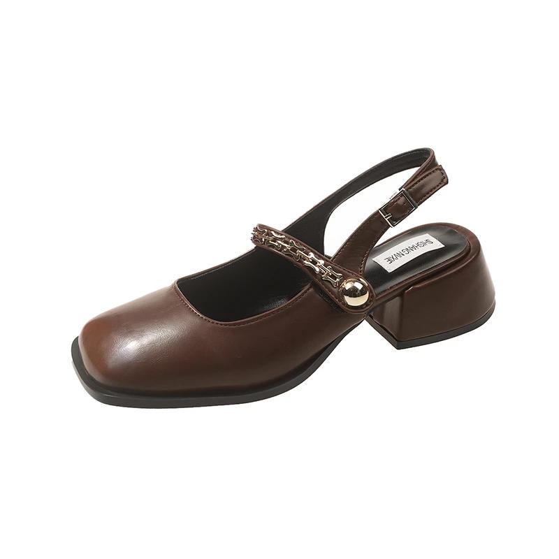 Модные женские туфли 2024 года, женские туфли Мэри Джейн на высоком каблуке, модные металлические украшения для офиса и карьеры, новые сандалии с пряжкой и ремешком на носке