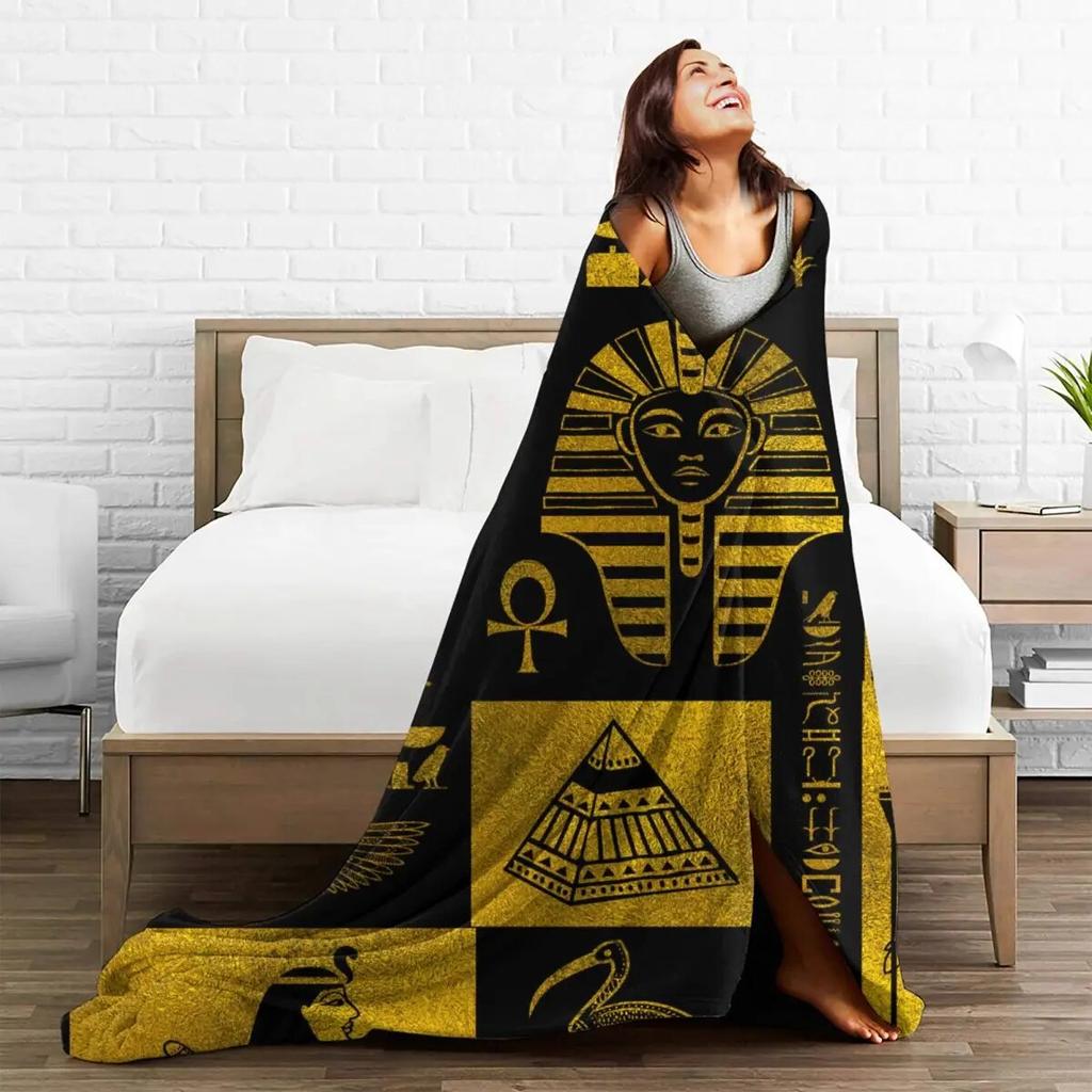 Одеяло в виде коллажа с египетскими золотыми иероглифами и символами, фланелевое осеннее египетское многофункциональное одеяло для дивана, уличное одеяло