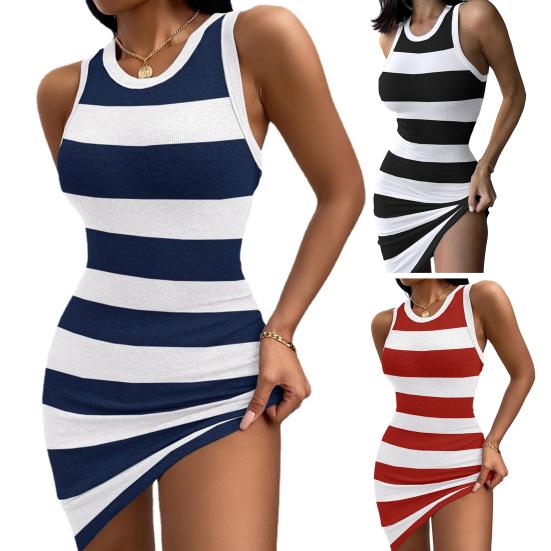 Летнее женское мини-платье с круглым вырезом без рукавов в полоску с принтом, жилет, облегающее облегающее платье, эластичный сарафан