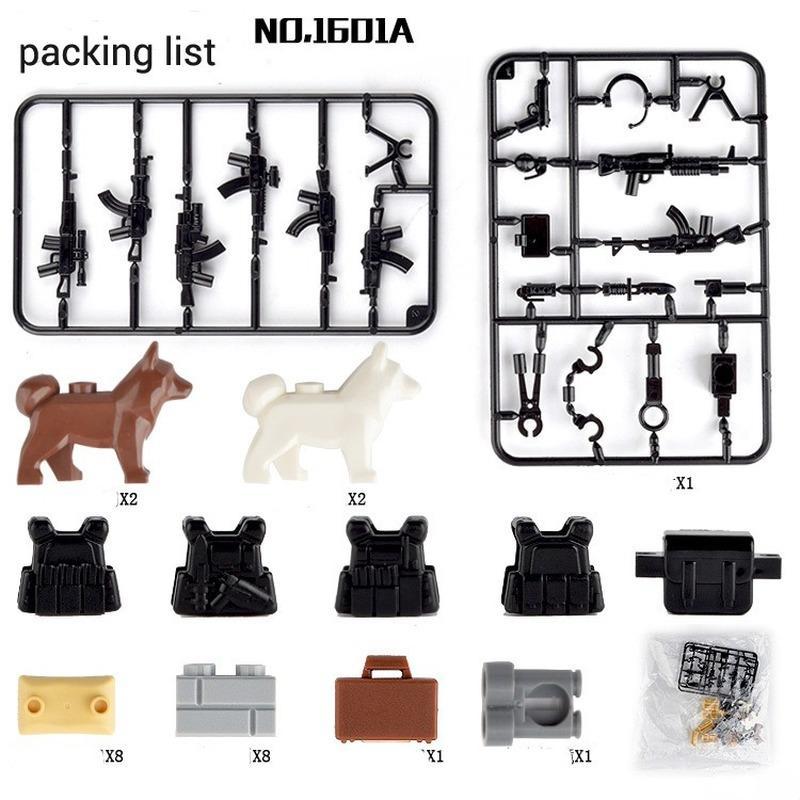 Детские строительные блоки, аксессуары для военной техники, коробка для оружия, пуленепробиваемый жилет, набор полицейской собаки, сборочный блок, кирпичи, игрушки
