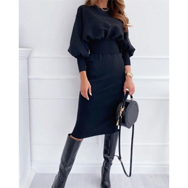 Элегантное женское платье миди с объемными рукавами и талией, однотонное платье на осень и зиму, Vestidos