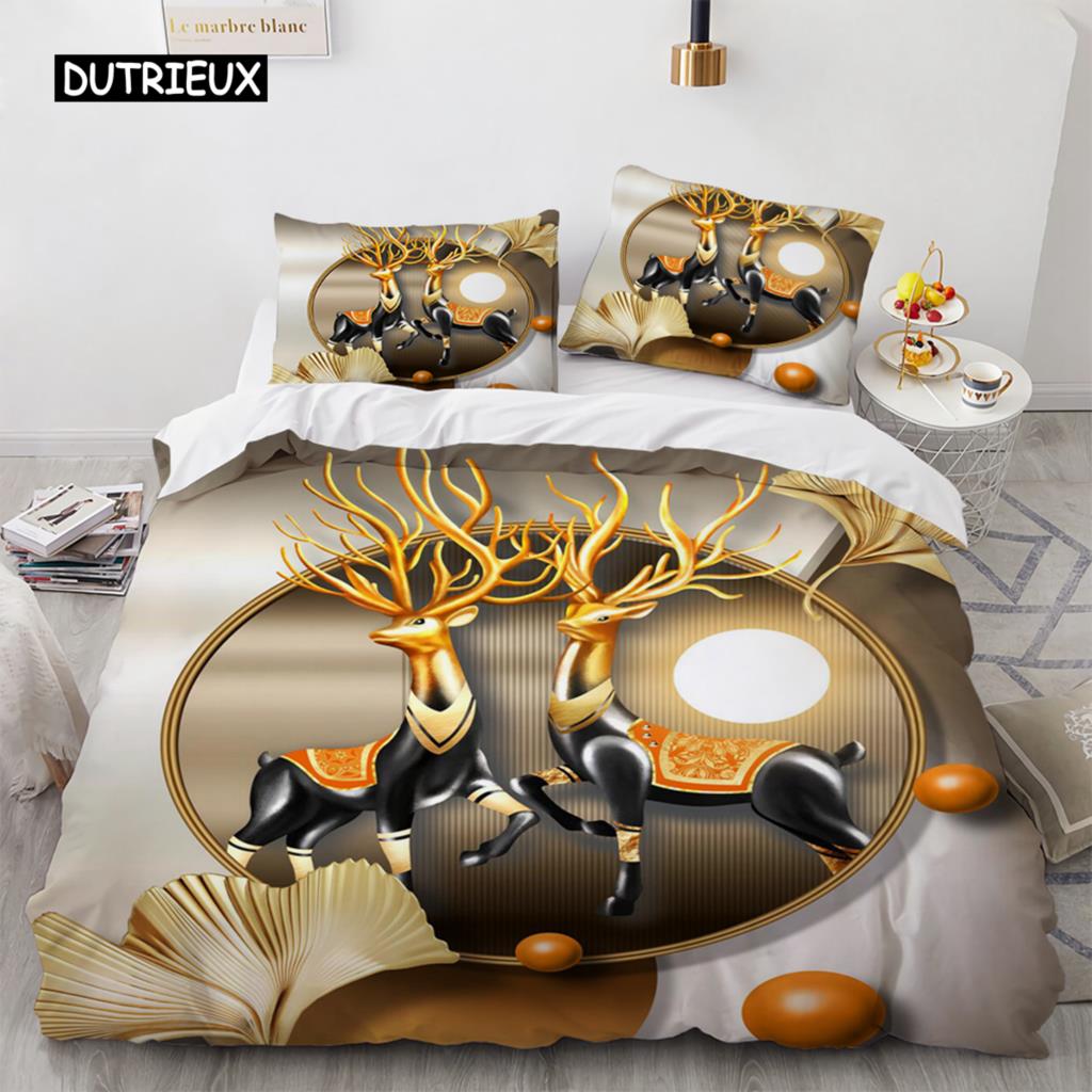 Пододеяльник с изображением оленя, размер King Queen, комплект постельного белья с рисунком золотого оленя для подростков и взрослых, пододеяльник с наволочкой