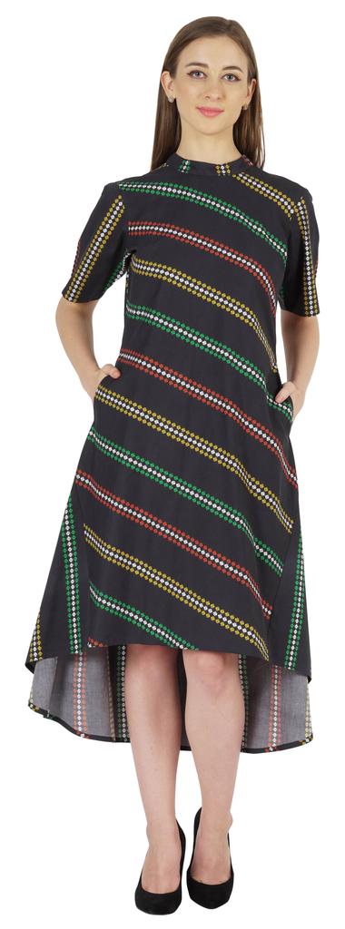 Phagun Printed Cotton Dress W Pockets Mandarin Collar Asymmetrical Knee Length Dress For