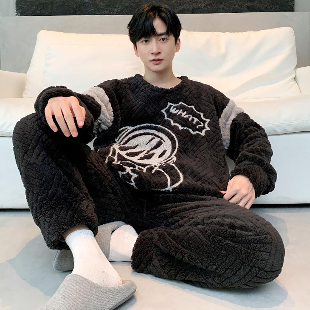 Мужской зимний пижамный комплект из утепленной фланели, теплая плюшевая пижама с рисунком медведя из мультфильма, удобная пижама с круглым вырезом для сна