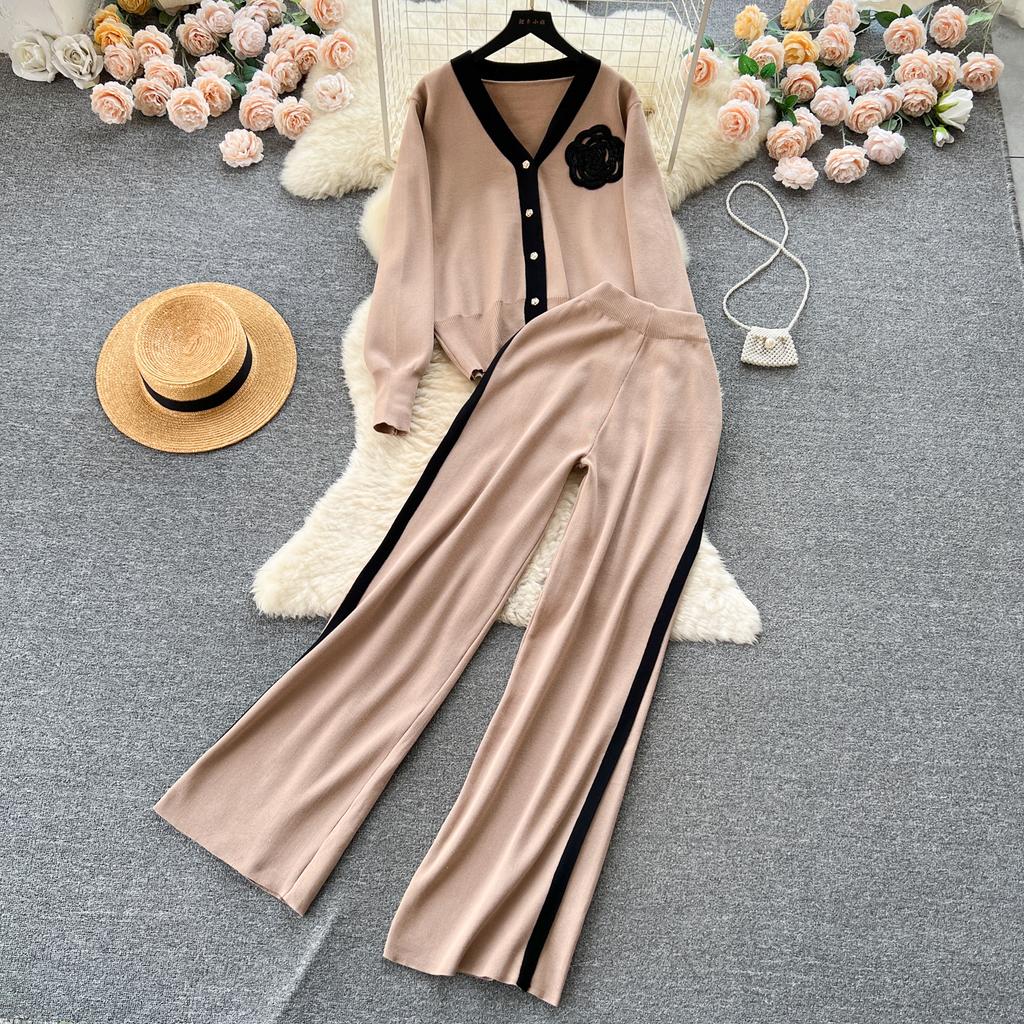 Высококачественный повседневный вязаный модный комплект знаменитостей для женщин, осенне-зимняя рубашка со свободными рукавами + драпированные брюки с высокой талией из двух предметов