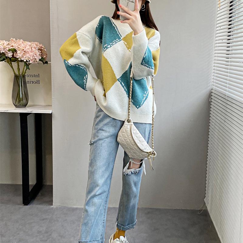 Винтажный свитер большого размера с круглым вырезом и круглым вырезом, свободные осенние свитера для женщин, корейский модный свитер с длинными рукавами