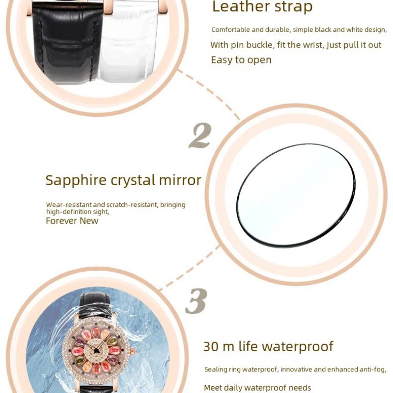 Ladies' Quartz Watch with Rotating Dial Rose Gold Inlaid with Diamonds and Gemstones Fashionable Waterproof Quartz Watch Women's Watch