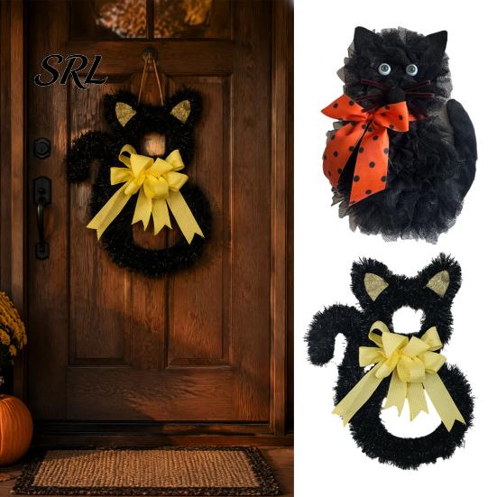 Indoor Outdoor Hanging Decor Halloween Cat Wreath, Cute Black Shape Door Ornament, Glitter Tinsel Seasonal Home Arrangement Wreath with Bow