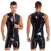 Mens Latex Catsuit Wet Look Leotard Jumpsuits Sleeveless Nightclub Zipper Slim Fitted Bodysuit