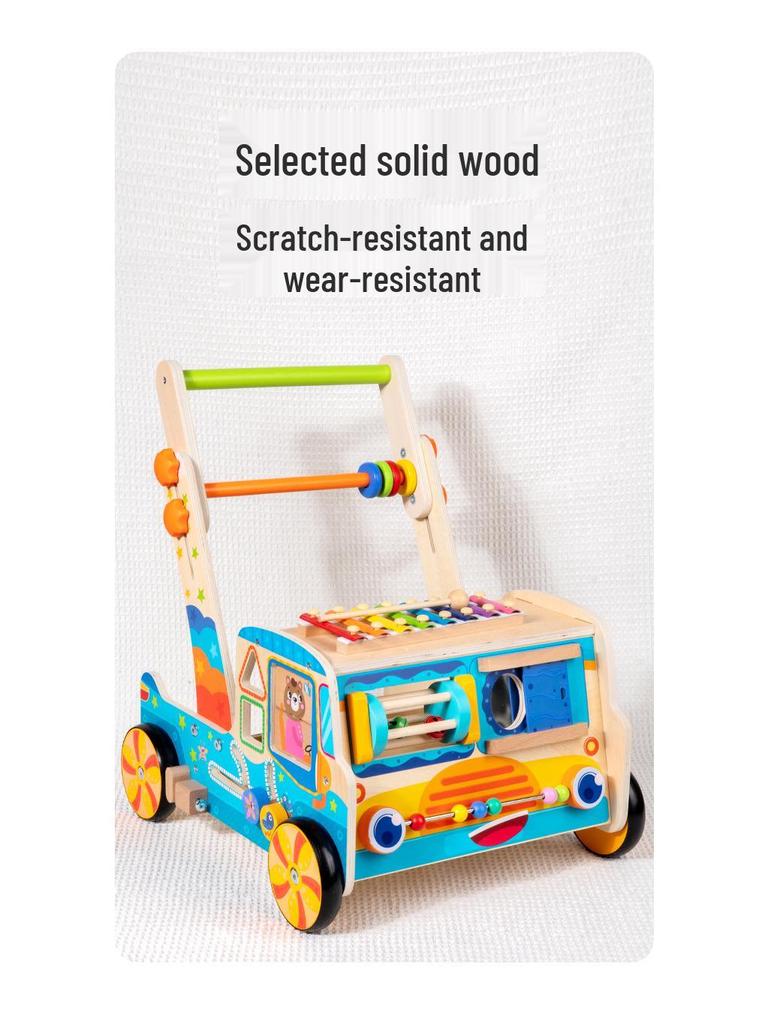 Детская деревянная каталка-толкалка с кубиками, ксилофоном, пазлом и игрушками для сопоставления