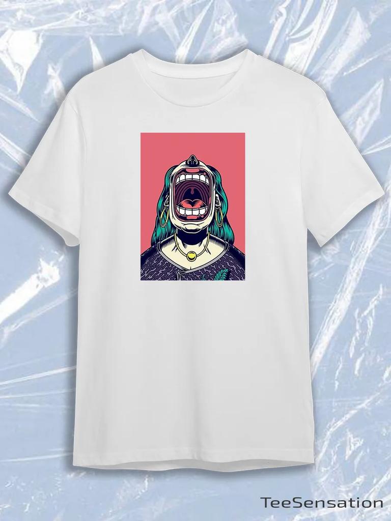TeeSensation White Crew Neck Short Sleeve T-Shirt with Psychedelic Screaming Face Pop Art Print