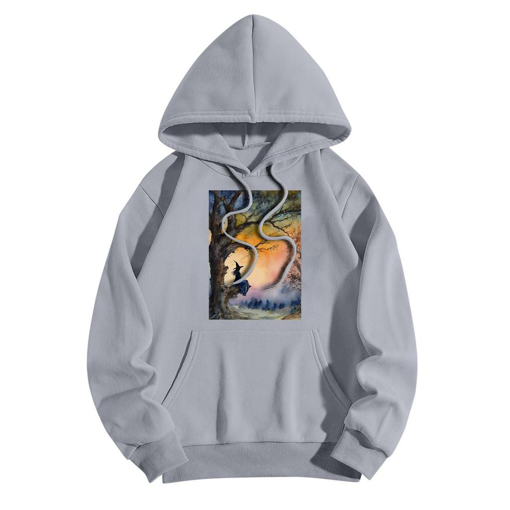 Women's Fashionable Casual Halloween Witch Print Hooded Sweatshirt With Pockets Long Sleeved Sweatshirt