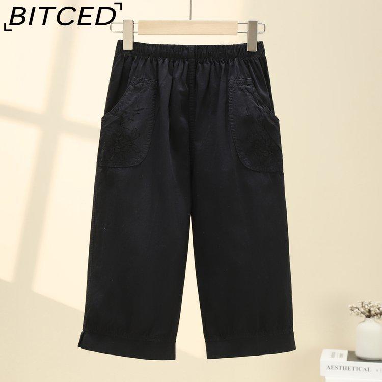 BITCED Летние женские брюки прямого кроя с эластичной талией, для женщин среднего и пожилого возраста, с высокой посадкой, из стираного хлопка, укороченные брюки больших размеров