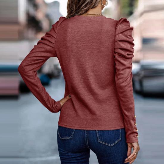 Женская верхняя рубашка с круглым вырезом, сплошной цвет, пуловер с пышными рукавами, повседневная одежда, свободная футболка с длинным рукавом, офисная пригородная одежда, женская одежда