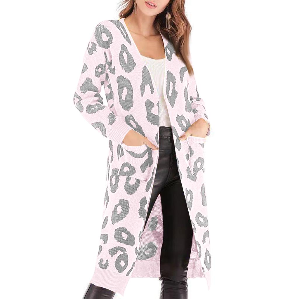 Женский повседневный вязаный кардиган средней длины свободного кроя с леопардовым принтом