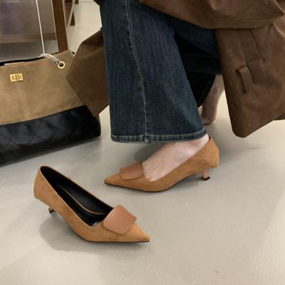 Туфли-лодочки из замши на тонком каблуке с французским острым носком, женская обувь, осень 2025, новый темперамент, неглубокие, для работы, вечерние туфли