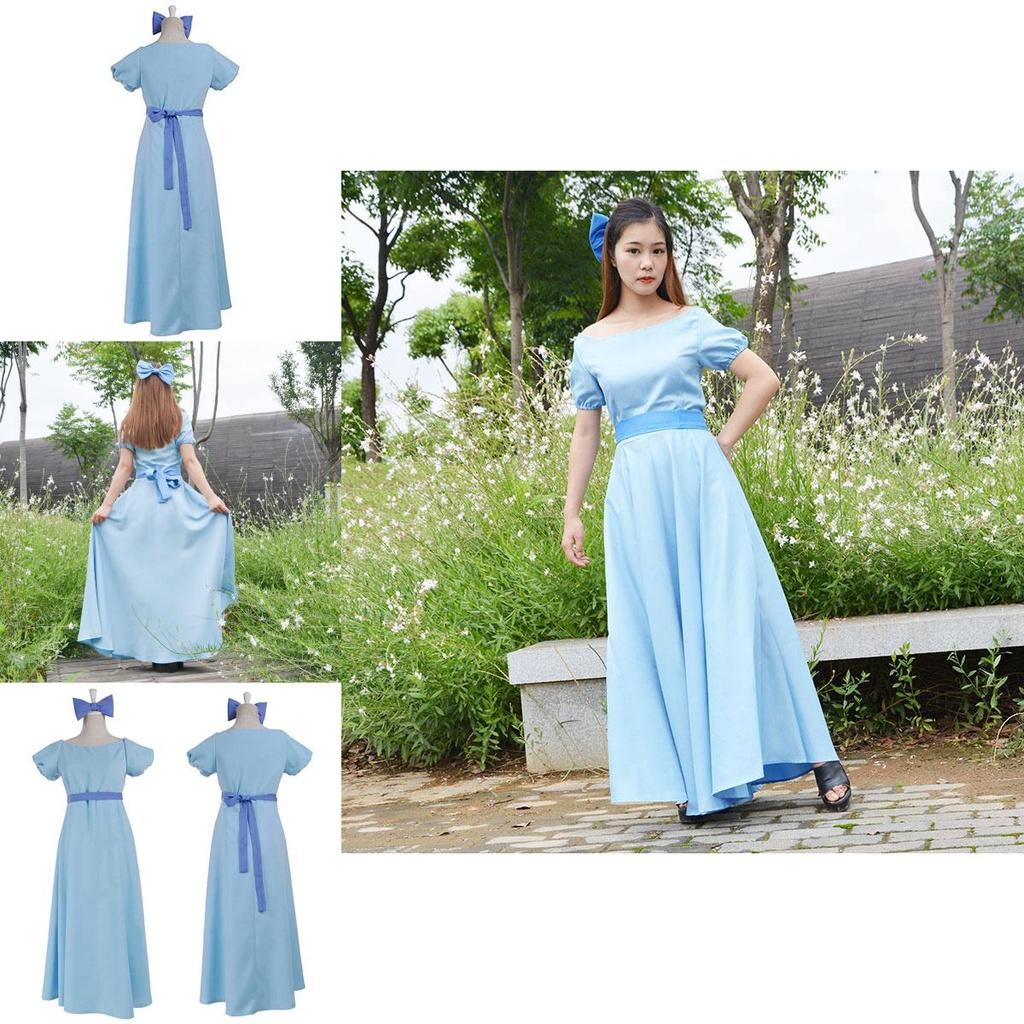 Очаровательное сказочное платье Питера Пэна и Венди Дарлинг синего цвета с бантом и головным убором