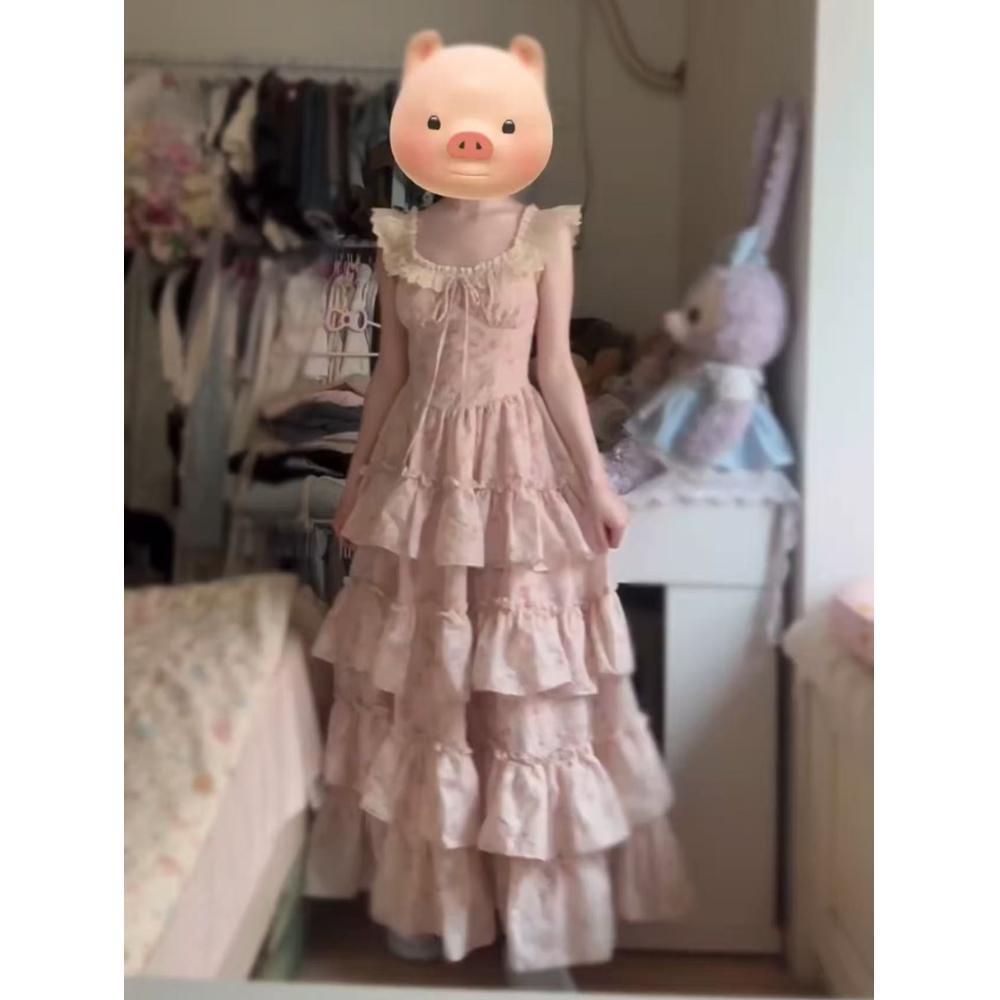 Колледжский синий цветочный пышное платье женское летнее дофаминовое милое вышивка на бретелях платье-торт с талией