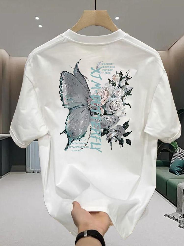 American Stylish Tshirt Butterfly Rose Adult Men Loose Versatile Round Neck 100 Cotton Shortsleeved Cool Comfortable Summer