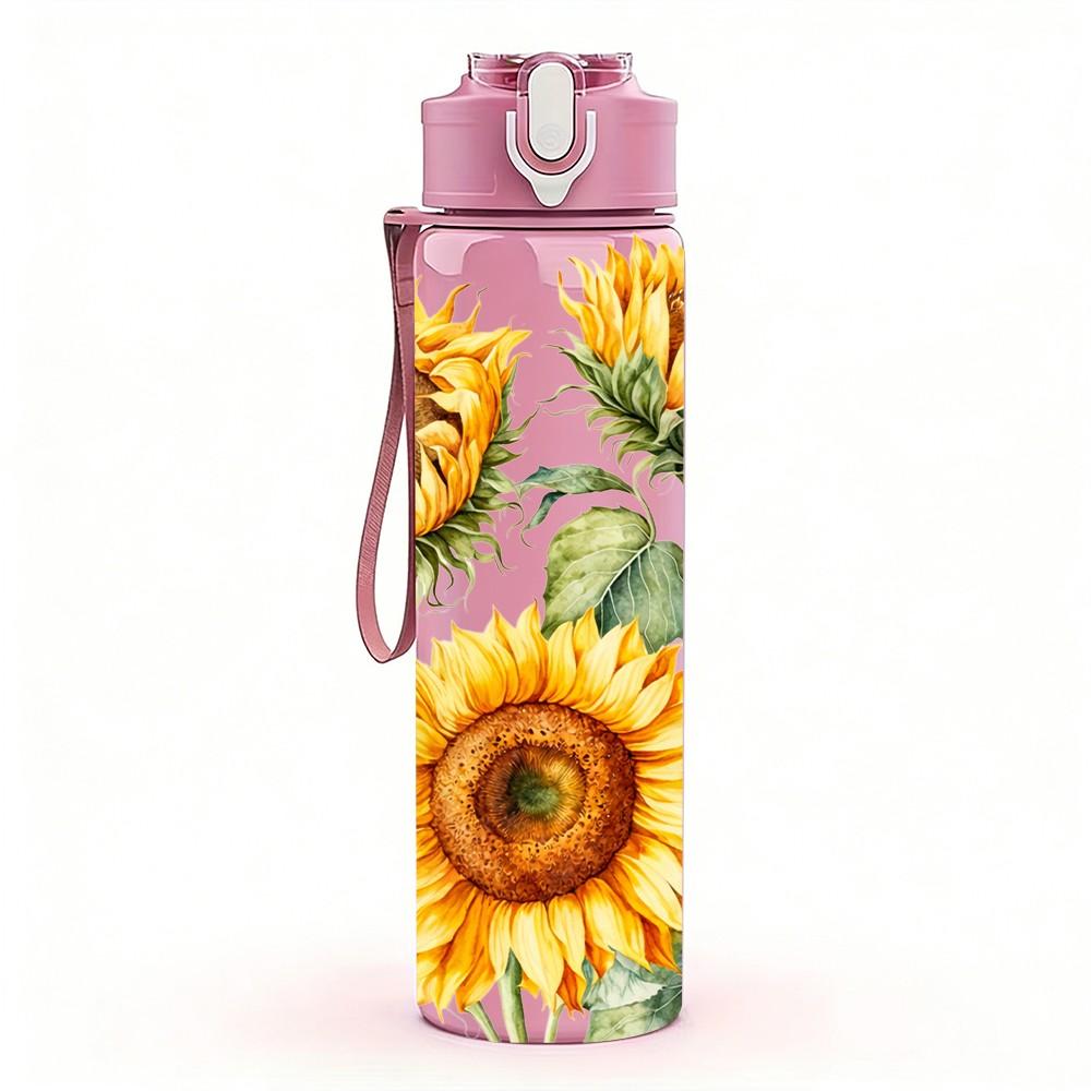 1PC Sunflower Boho Farm Floral Pattern 750ml Color Plastic Sports Water Bottle Leakproof Flip Straw Lid Suitable for Sports Office Home Use
