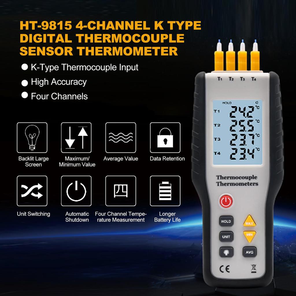 Thermocouple Thermometer 4 Channel K Type LCD Digital Thermometer Thermometer Tester with Storage Case Measuring Range Temperature Data Logger HT-9815