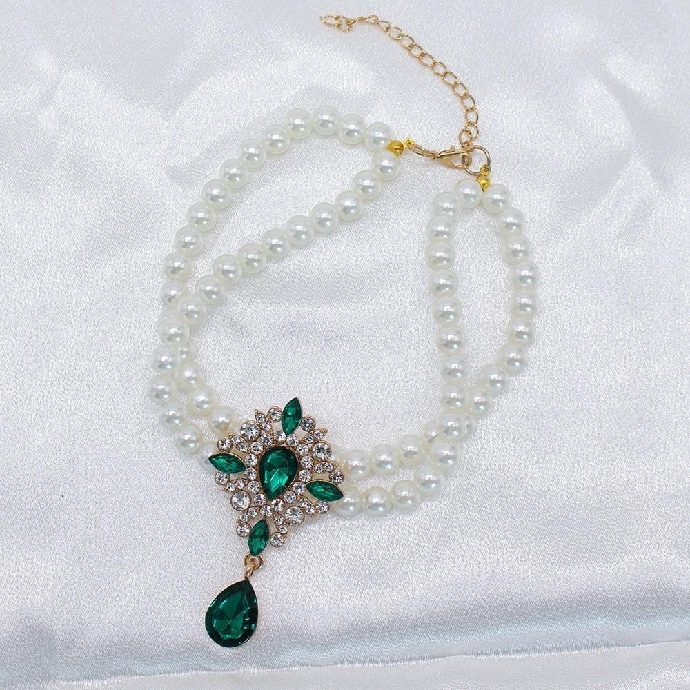 Cute Double Layer Pet Pearl Necklace Vintage Adjustable Cat Neck Chain Glamorous Crystal Cat Pearl Collar Pet Show