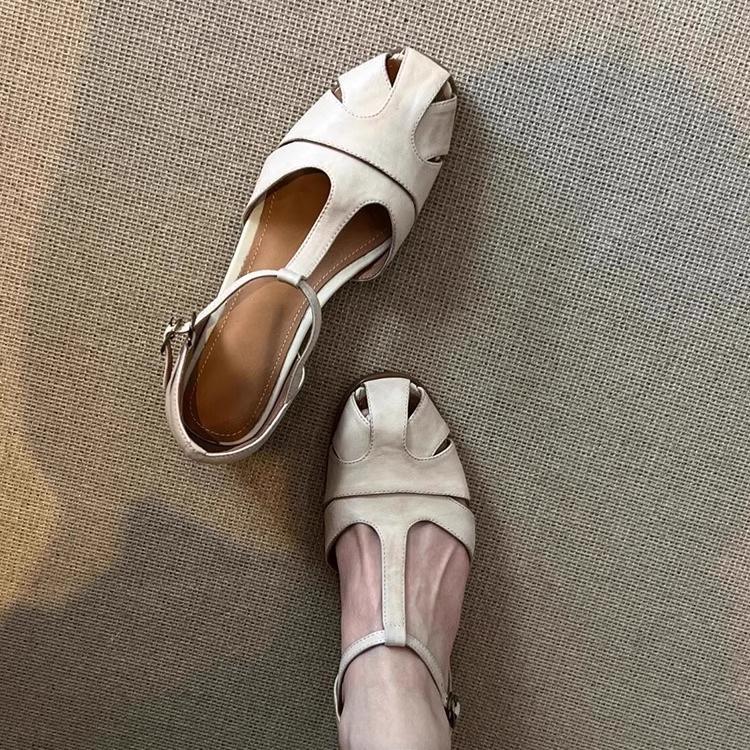 Версия из овчины ~ ретро-круглый носок полые летние кожаные сандалии женские однословные с полым толстым каблуком литературный стиль сумка голова обувь