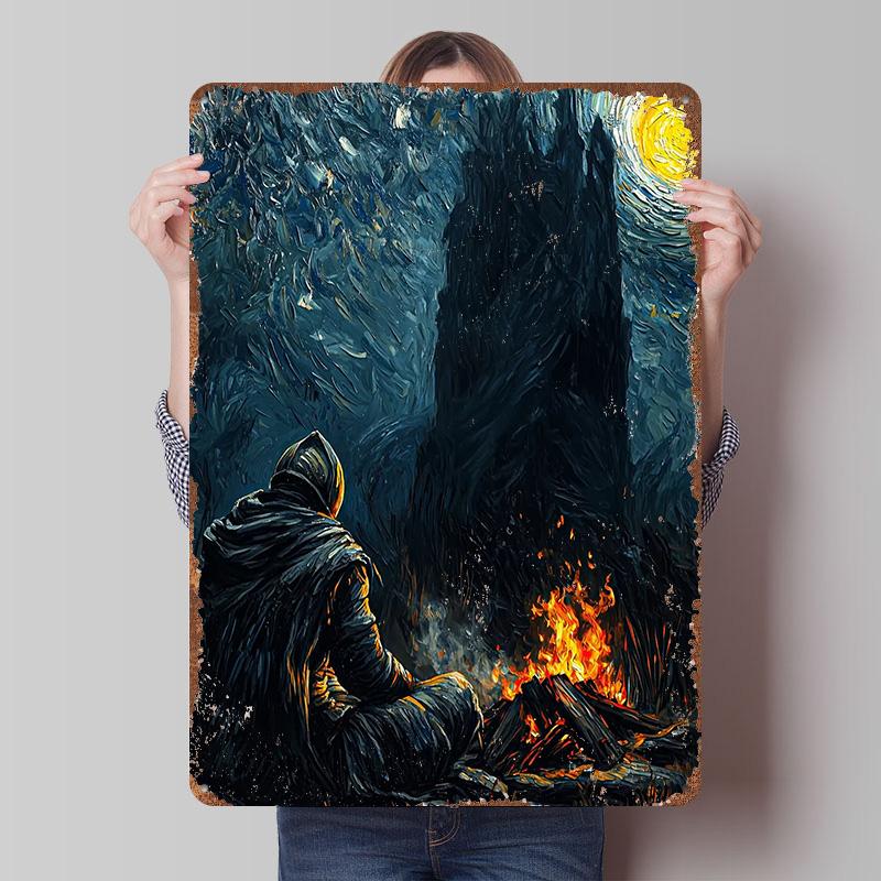 Dark Knight By the Bonfire Printed Poster Customized Wall Art Retro Vintage Metal Tin Signs for Decoration Living Room Decor Men