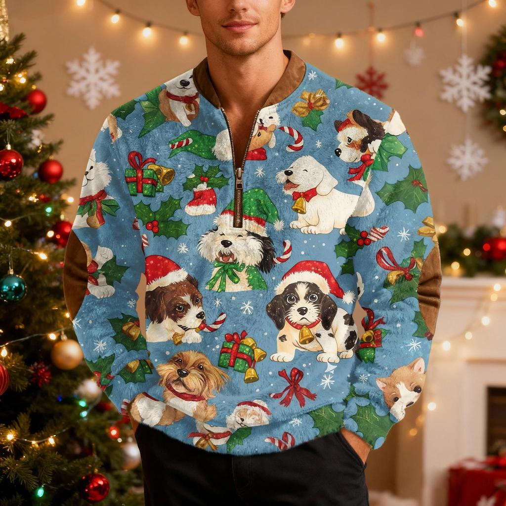 Мужской рождественский свитер на молнии, винтажный вязаный графический свитшот, рождественский пуловер со стойкой