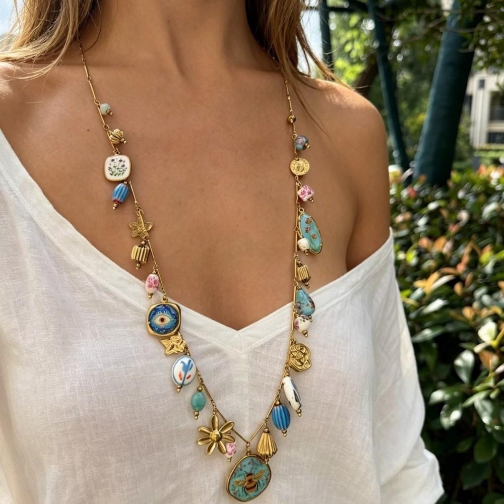 Long Style Enamel Ceramic Necklace Stainless Steel Women's Necklace Jewelry Accessories