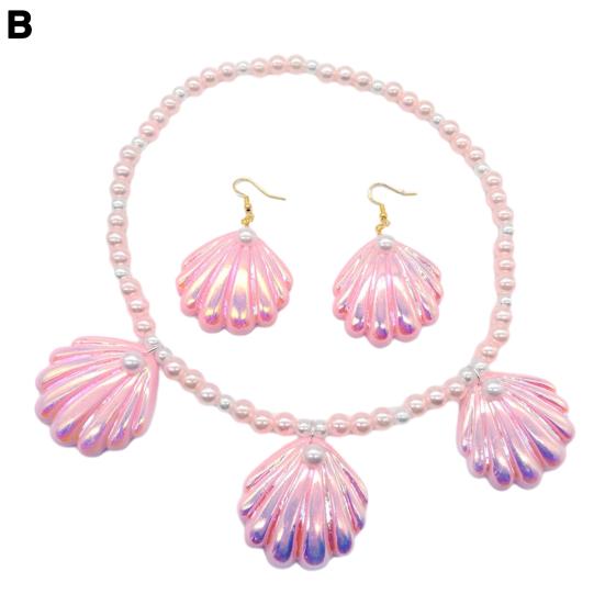 1 комплект, розовый с ожерельем, комплект ювелирных изделий в форме русалки, браслет из искусственного жемчуга, зажим для ушей, экологически чистое ожерелье из ракушки