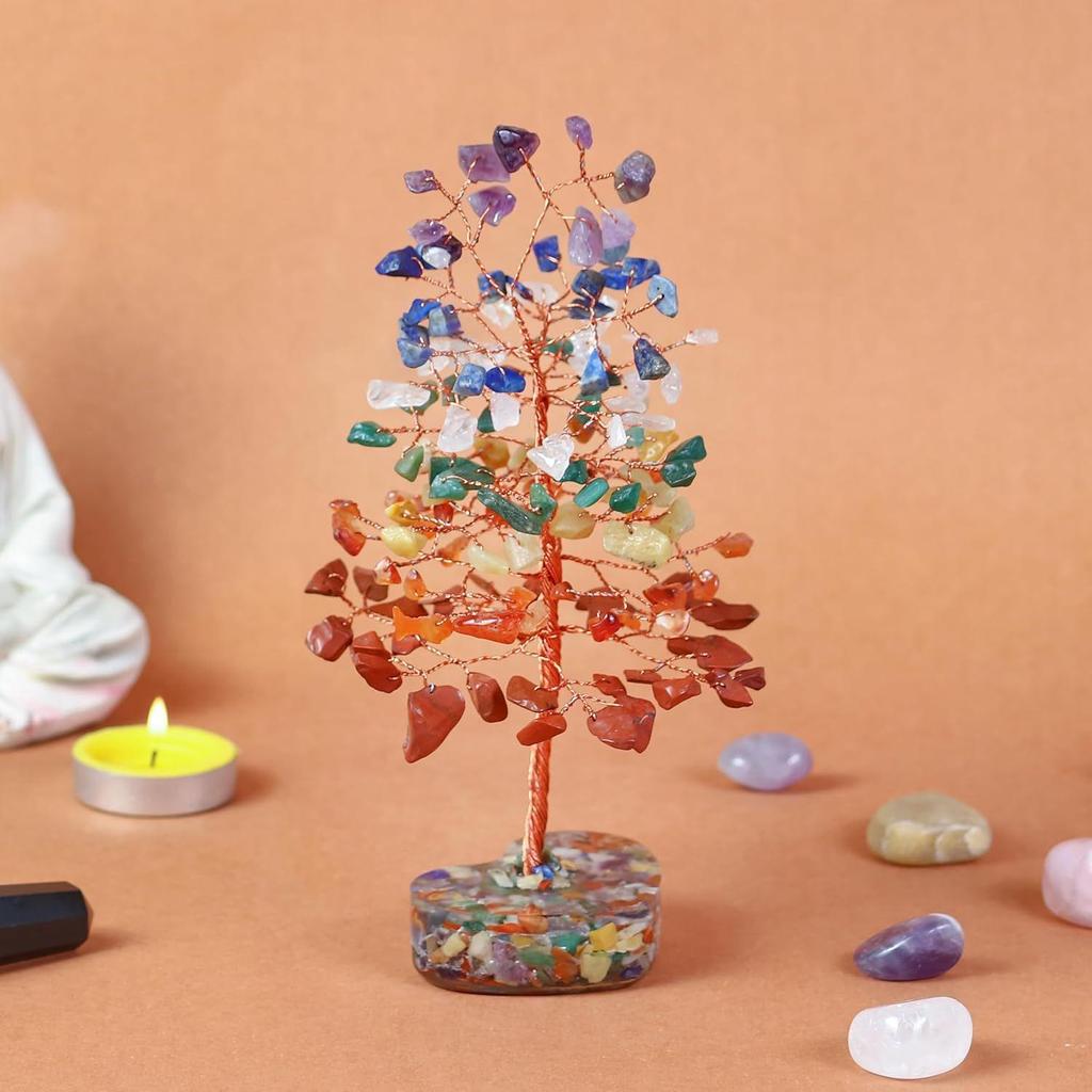 7 Chakra Gemstone Bonsai Tree with Orgone Heart Base – Feng Shui Showpiece for Positive Energy & Home Décor
