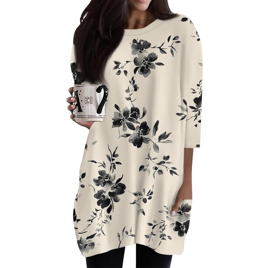 Женские повседневные рубашки с рукавами 3/4, модные туники с принтом, топы с карманами